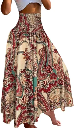 chouyatou Women's Smocked Waist Paisley Floral Boho Swing Skirt Bohemian Beach Vacation Midi Long Skirt