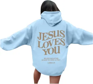 Christian Sweatshirts for Women Oversized Jesus Loves You Pullover Hoodie Pockets Casual Long Sleeve Thanksgiving T Shirts