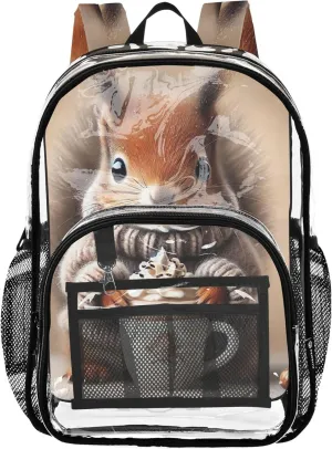 Clear Bag for Women Travel Kids Backpack for Girls Pvc Transparent Bags School Cozy Squirrel Hot Cocoa