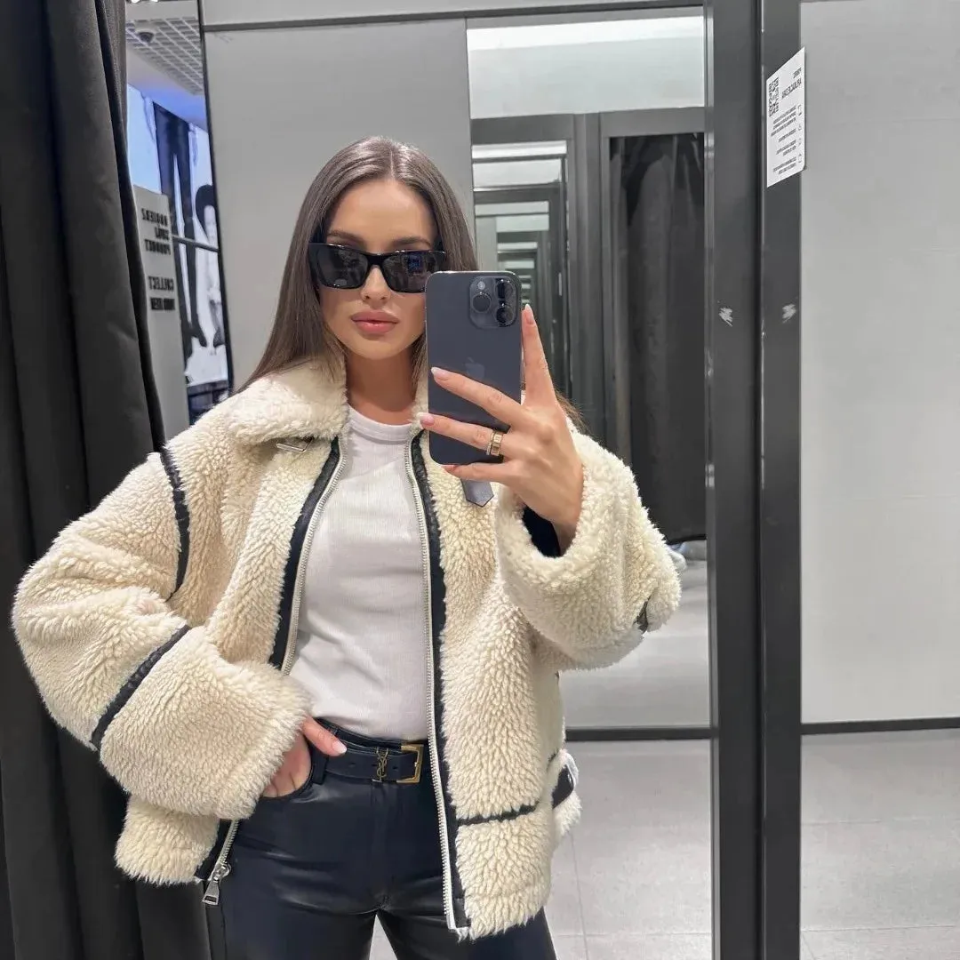 cold weather outfits Joskaa Mall Style Sheep Fur Fleece Jacket Autumn/winter Warm Comfortable Slimming Jacket Motorcycle Clip-on Leather Coat