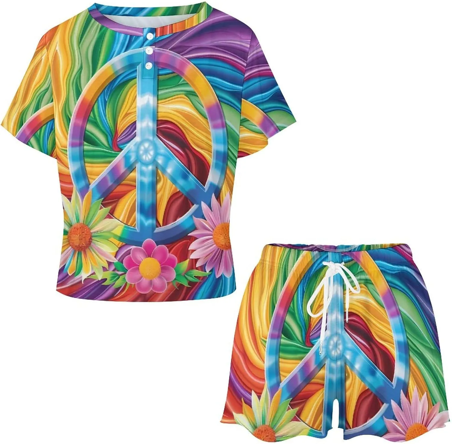 Colorful Peace Sign Tie Dye Women's Pajama Sets Short Sleeve Shirt And Shorts Cozy Sleepwear Loungewear Pjs