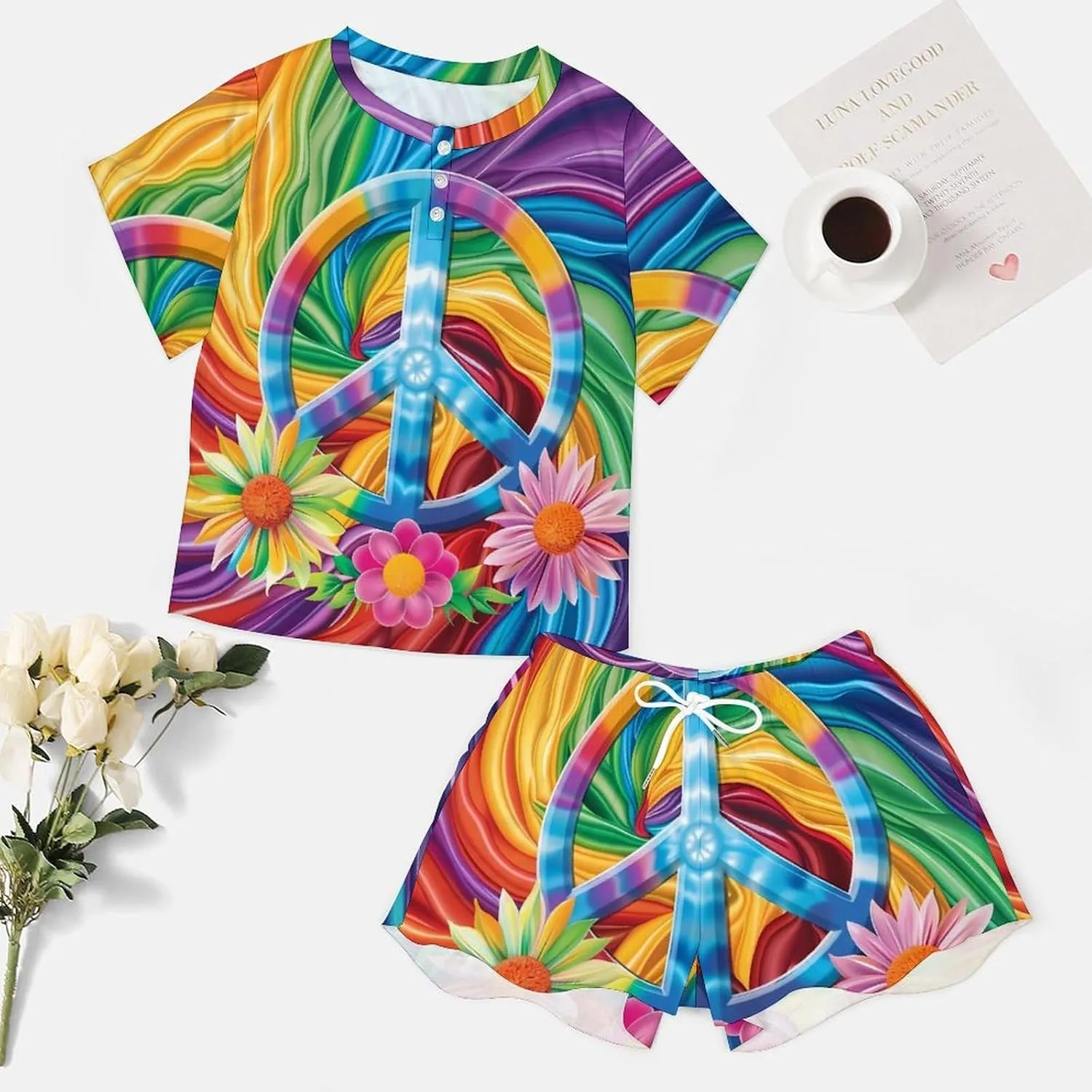 Colorful Peace Sign Tie Dye Women's Pajama Sets Short Sleeve Shirt And Shorts Cozy Sleepwear Loungewear Pjs