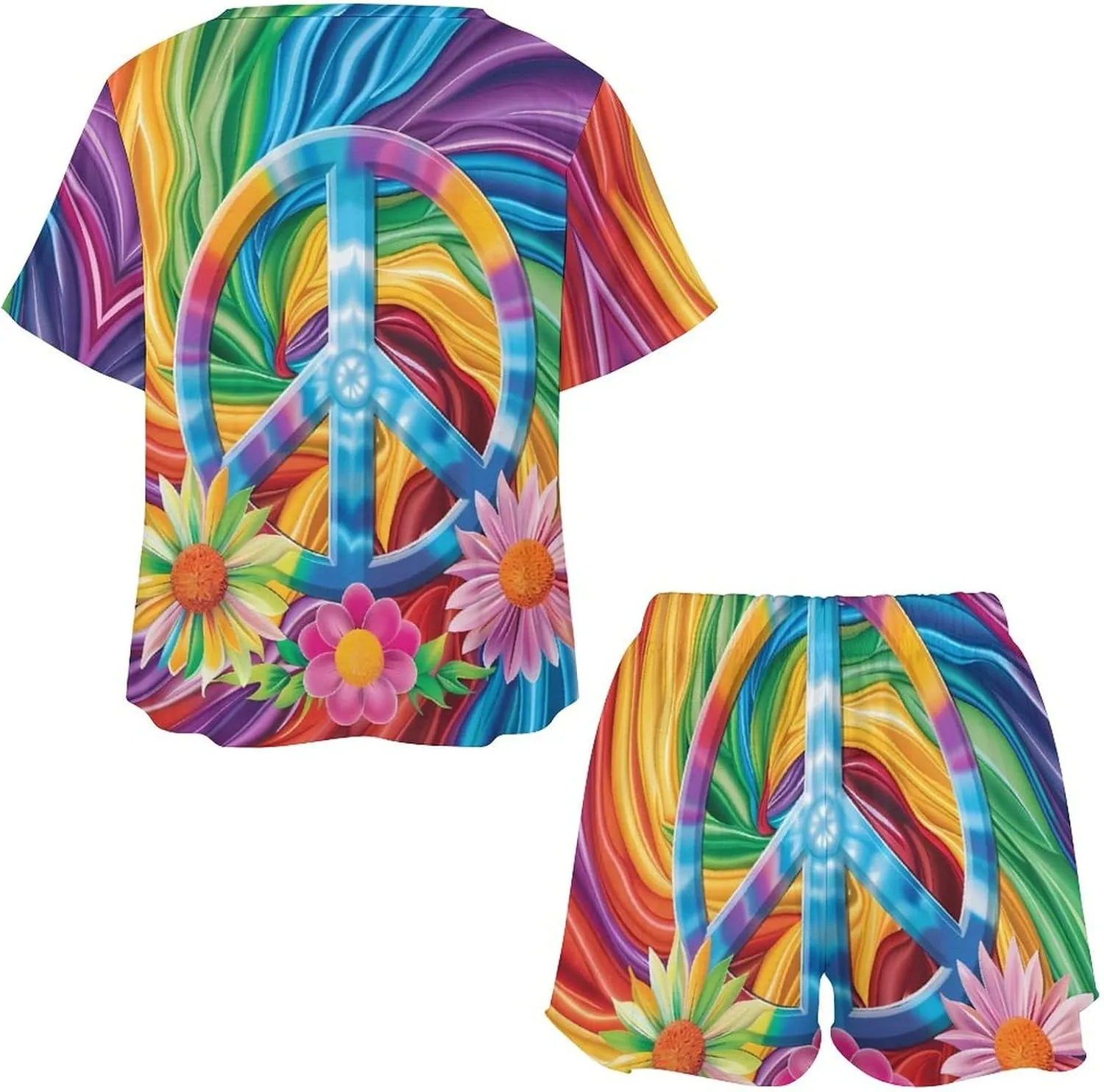 Colorful Peace Sign Tie Dye Women's Pajama Sets Short Sleeve Shirt And Shorts Cozy Sleepwear Loungewear Pjs