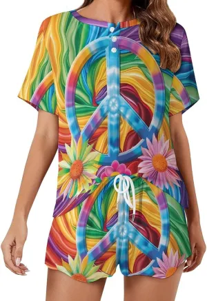 Colorful Peace Sign Tie Dye Women's Pajama Sets Short Sleeve Shirt And Shorts Cozy Sleepwear Loungewear Pjs