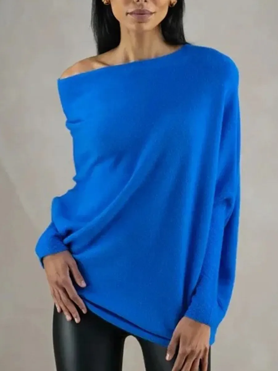 Cozy Knitted Pleated Pullover with Solid Color and Round Neck