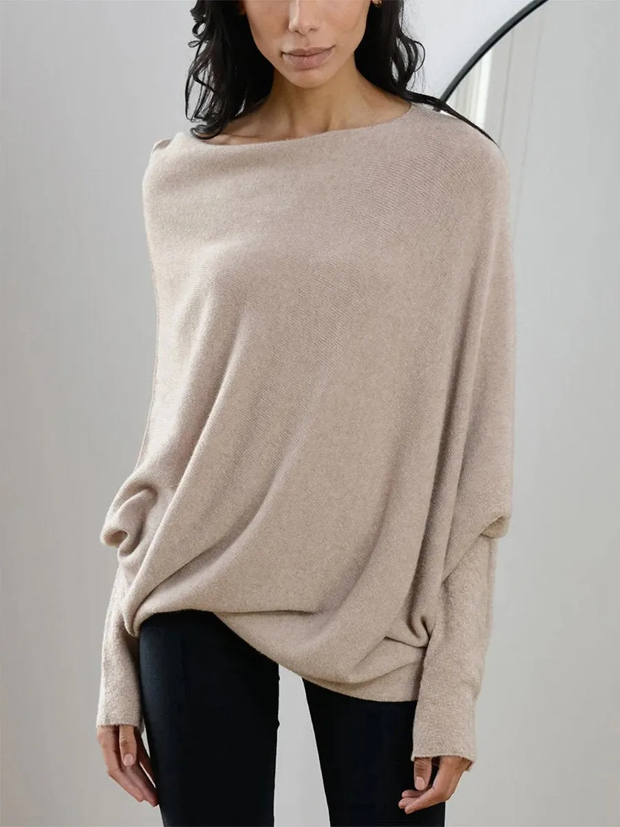 Cozy Knitted Pleated Pullover with Solid Color and Round Neck