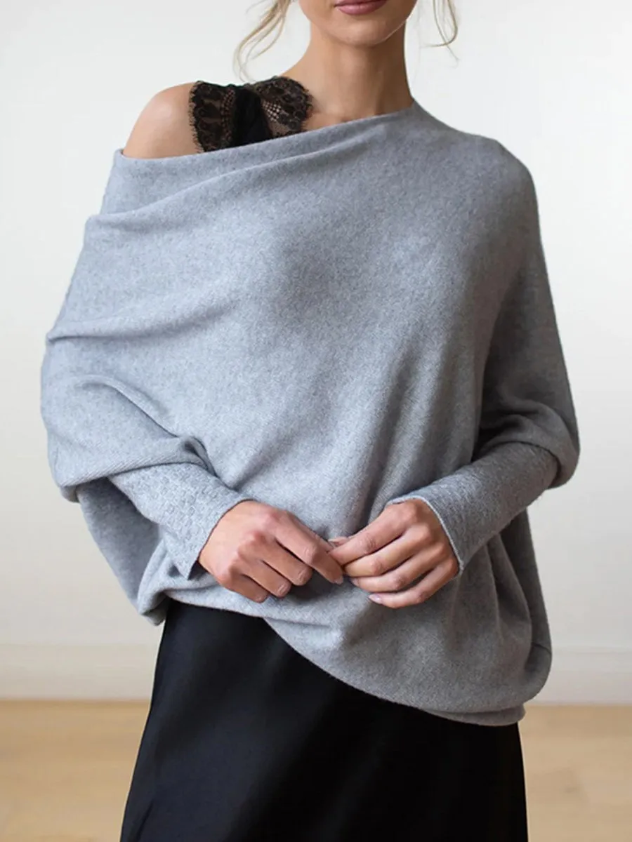 Cozy Knitted Pleated Pullover with Solid Color and Round Neck