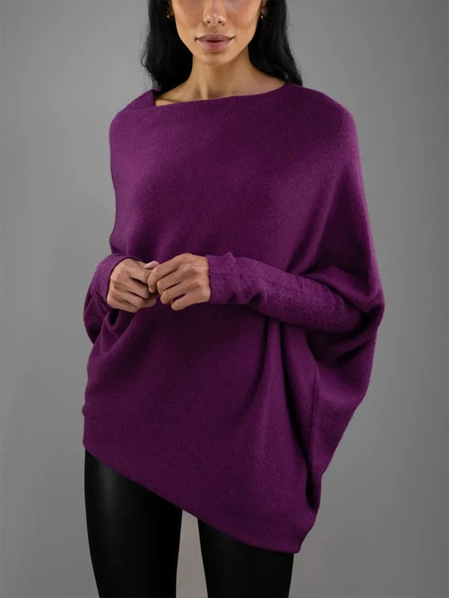 Cozy Knitted Pleated Pullover with Solid Color and Round Neck