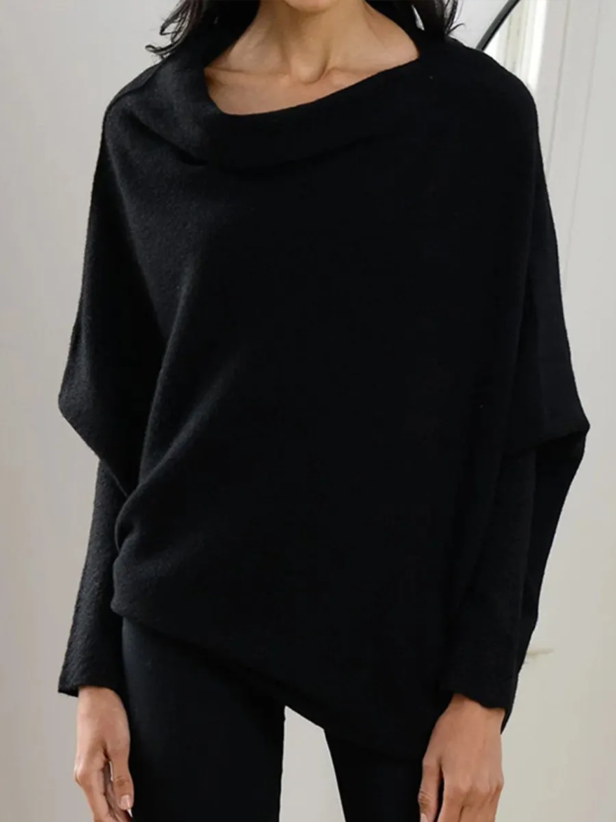 Cozy Knitted Pleated Pullover with Solid Color and Round Neck