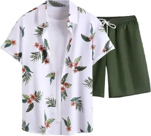 COZYEASE Men's Tropical Print 2 Piece Outfits Short Sleeve Button Down Shirt Tops and Shorts Set
