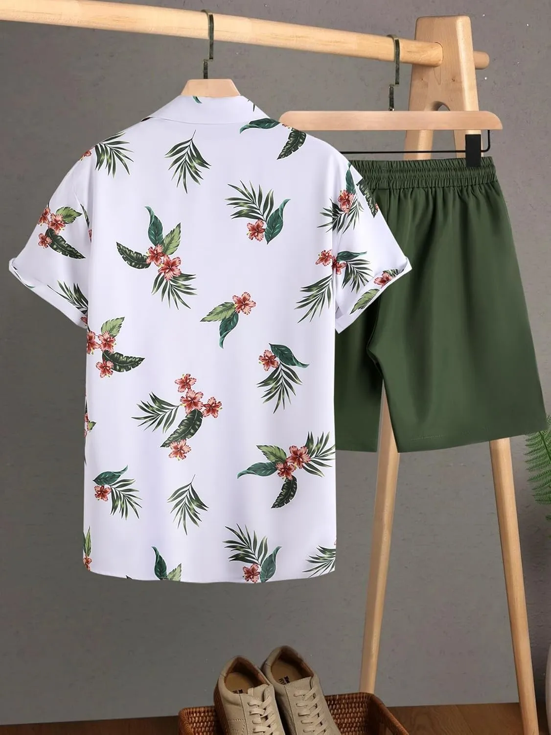 COZYEASE Men's Tropical Print 2 Piece Outfits Short Sleeve Button Down Shirt Tops and Shorts Set