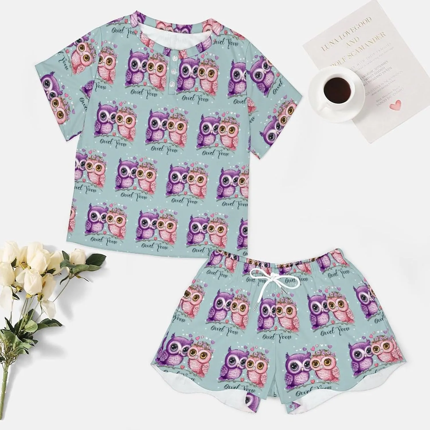 Cute Owl Love You Women's Pajama Sets Short Sleeve Shirt And Shorts Cozy Sleepwear Loungewear Pjs