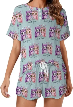 Cute Owl Love You Women's Pajama Sets Short Sleeve Shirt And Shorts Cozy Sleepwear Loungewear Pjs