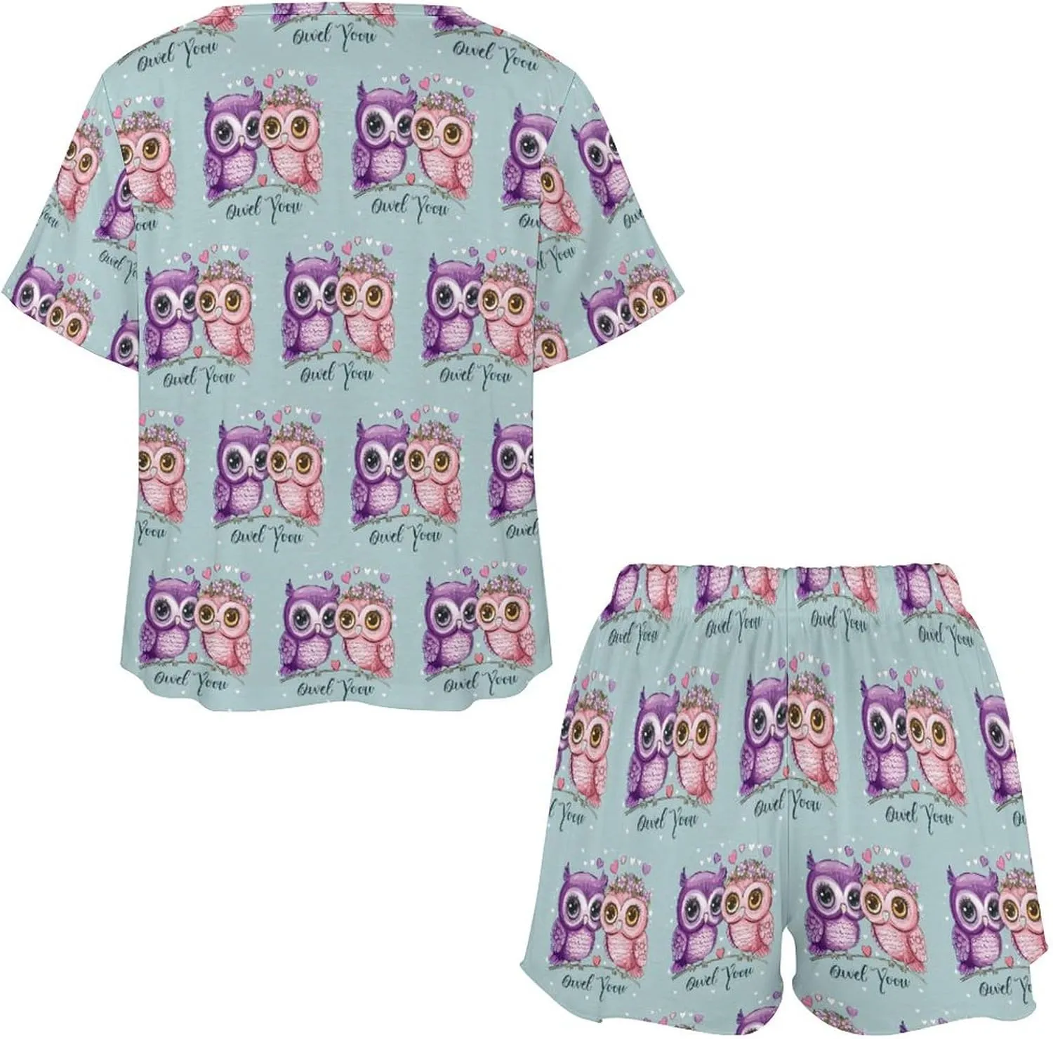 Cute Owl Love You Women's Pajama Sets Short Sleeve Shirt And Shorts Cozy Sleepwear Loungewear Pjs