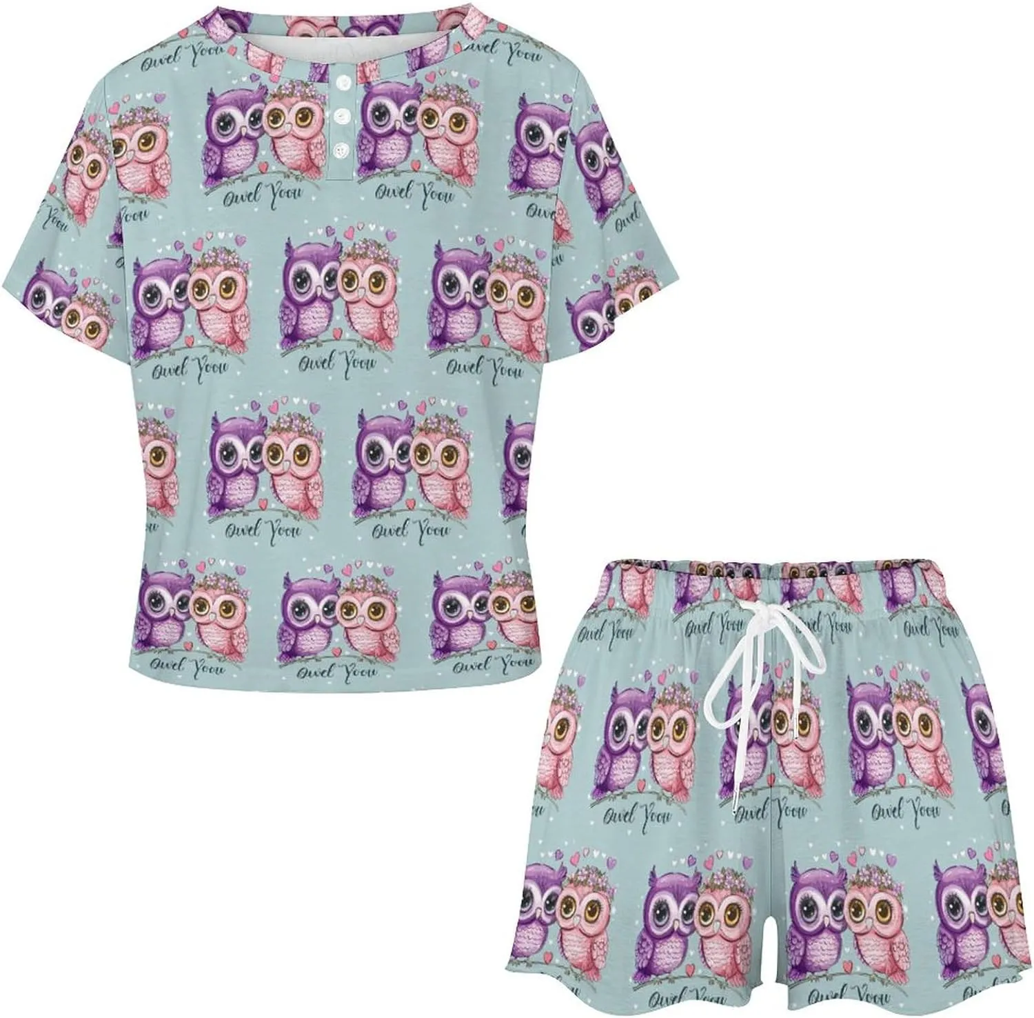 Cute Owl Love You Women's Pajama Sets Short Sleeve Shirt And Shorts Cozy Sleepwear Loungewear Pjs