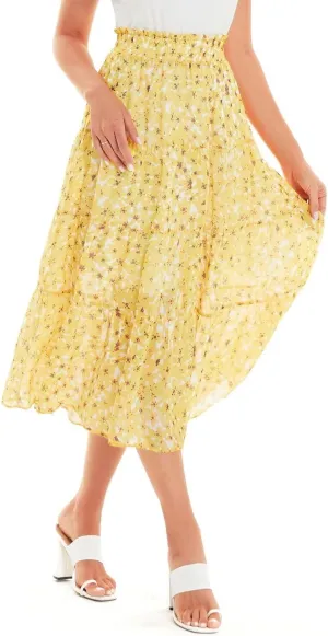 DIASHINY Women's Boho Printed High Waist Pleated Layered Elastic Waist A Line Long Skirt Yellow M