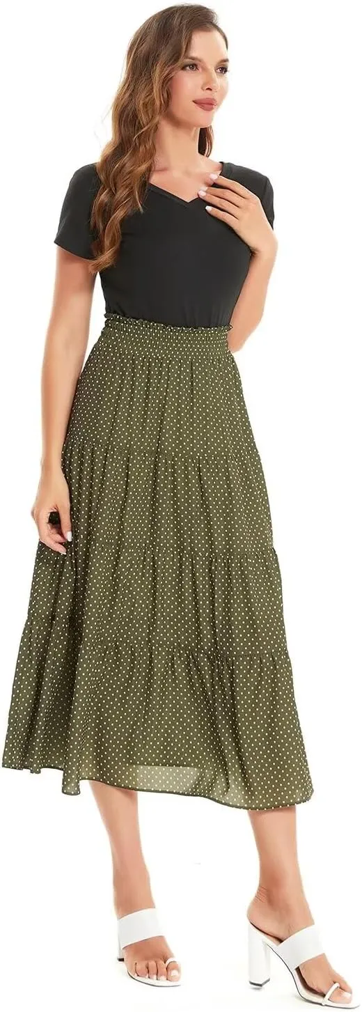 DIASHINY Women's Floral Printed High Waist Polka Dot Elastic Waist A Line Layered Long Skirt