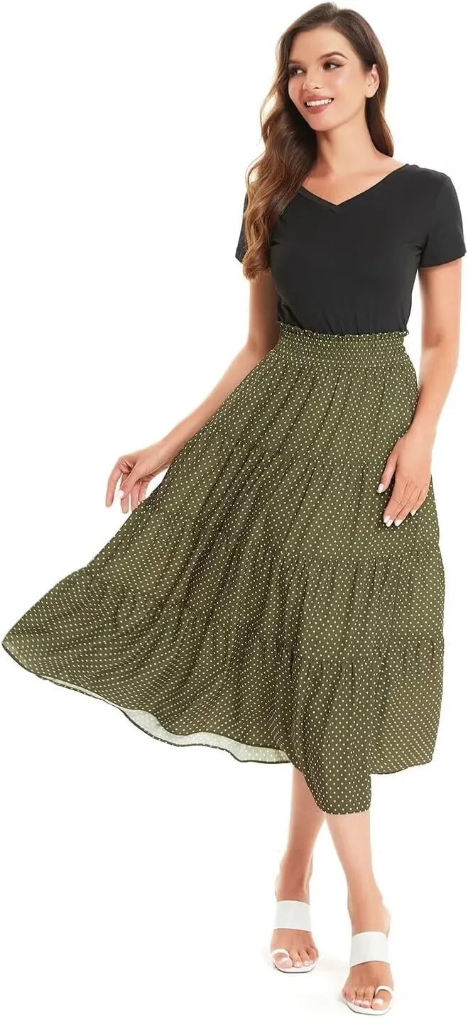 DIASHINY Women's Floral Printed High Waist Polka Dot Elastic Waist A Line Layered Long Skirt