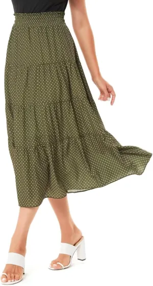 DIASHINY Women's Floral Printed High Waist Polka Dot Elastic Waist A Line Layered Long Skirt