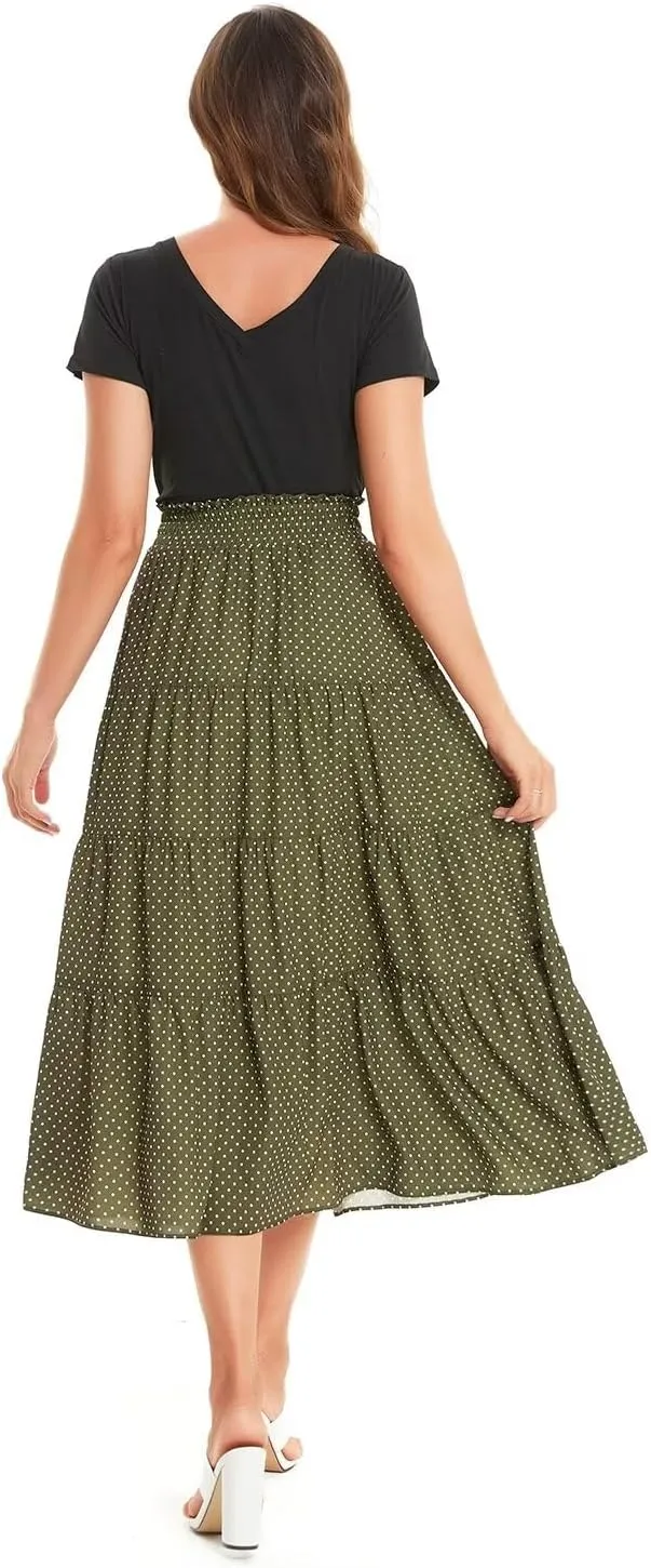 DIASHINY Women's Floral Printed High Waist Polka Dot Elastic Waist A Line Layered Long Skirt