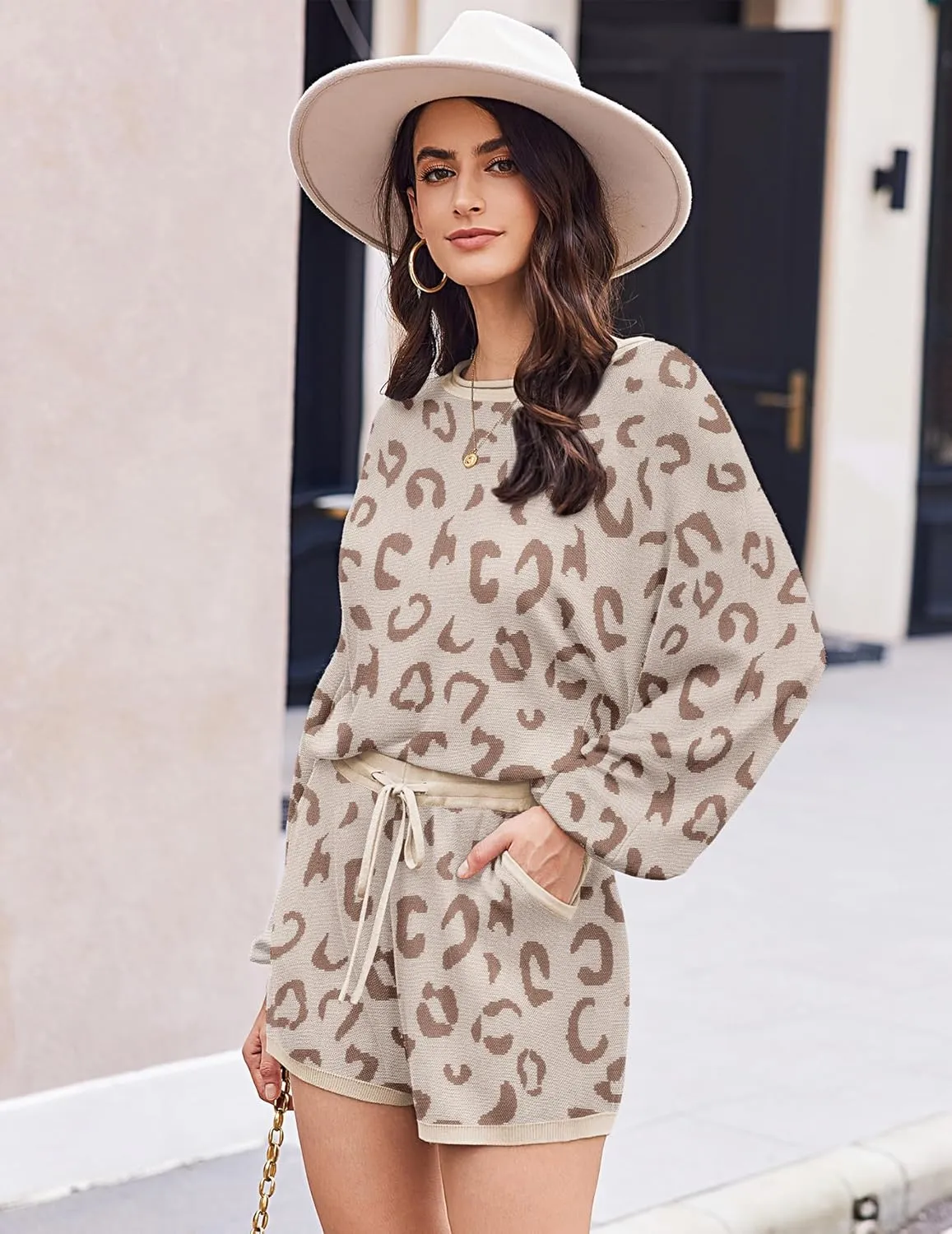 Ekouaer Lounge Sets for Women Soft Comfy Pajamas Long Sleeve Cropped Sweater Shorts Sets Cute 2 Piece Outfits