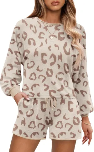 Ekouaer Lounge Sets for Women Soft Comfy Pajamas Long Sleeve Cropped Sweater Shorts Sets Cute 2 Piece Outfits