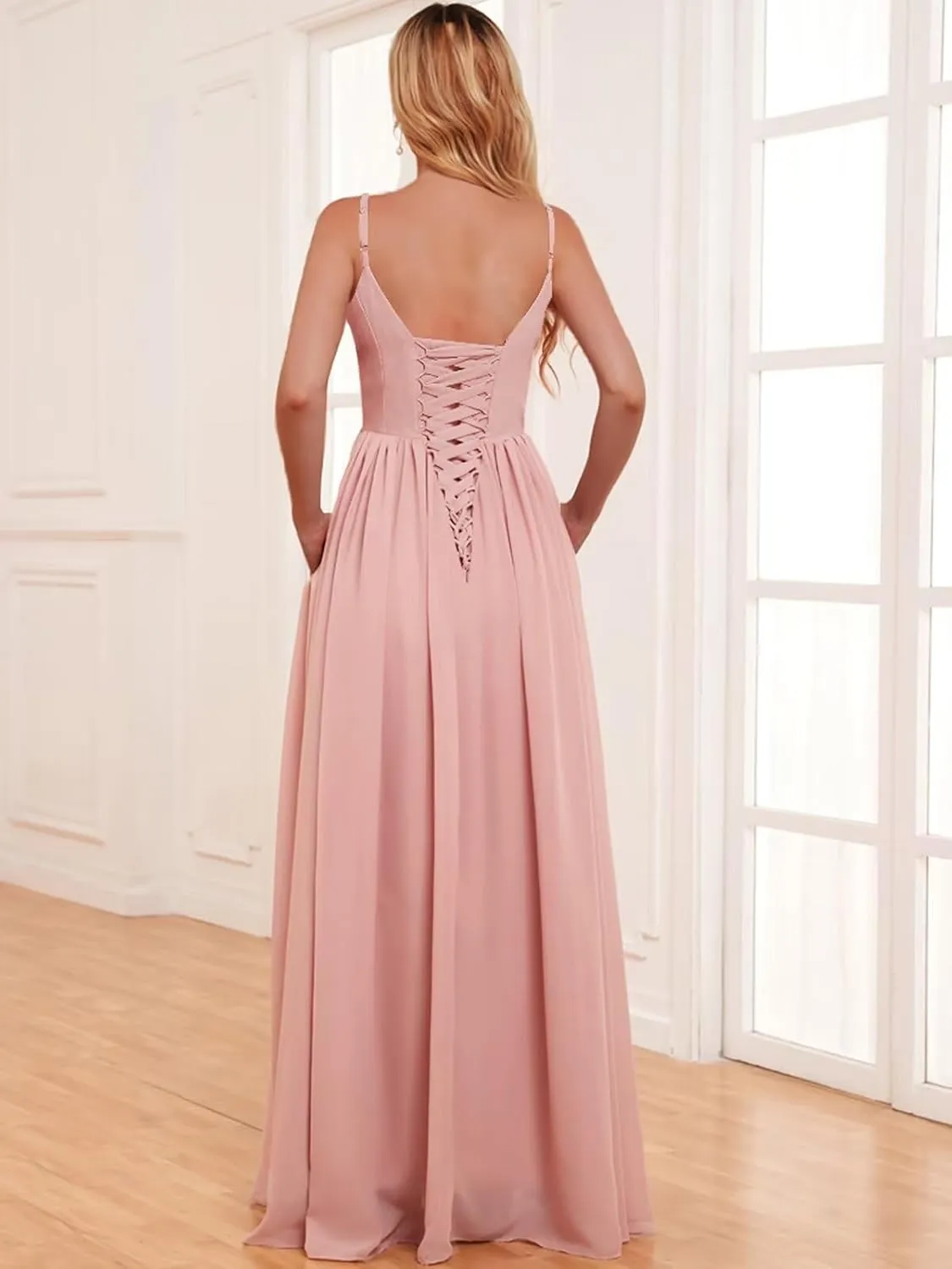 Elegant Chiffon Bridesmaid Dresses for Women Long V Neck Pleated Formal Evening Gown with Pockets