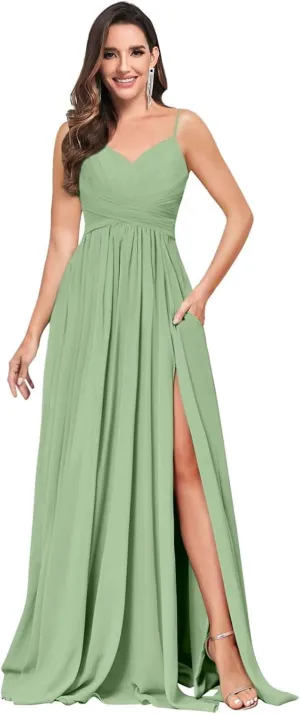 Elegant Chiffon Bridesmaid Dresses for Women Long V Neck Pleated Formal Evening Gown with Pockets