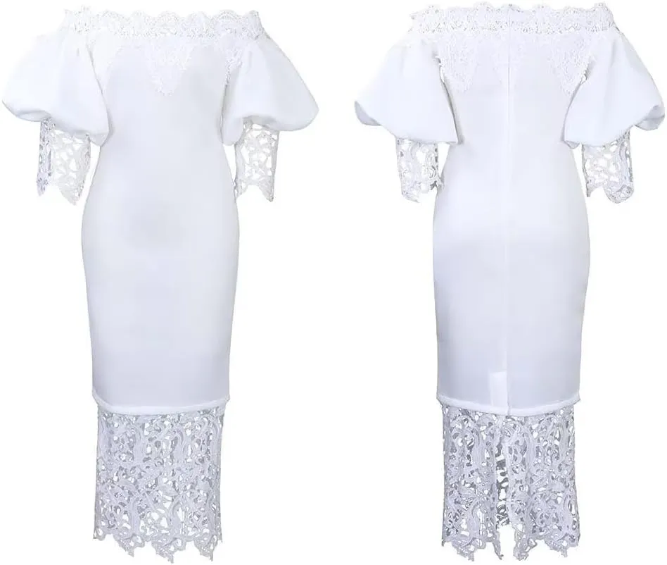 Elegant Sexy Floral Lace Off Shoulder Evening Gown Party Bodycon Midi Dress