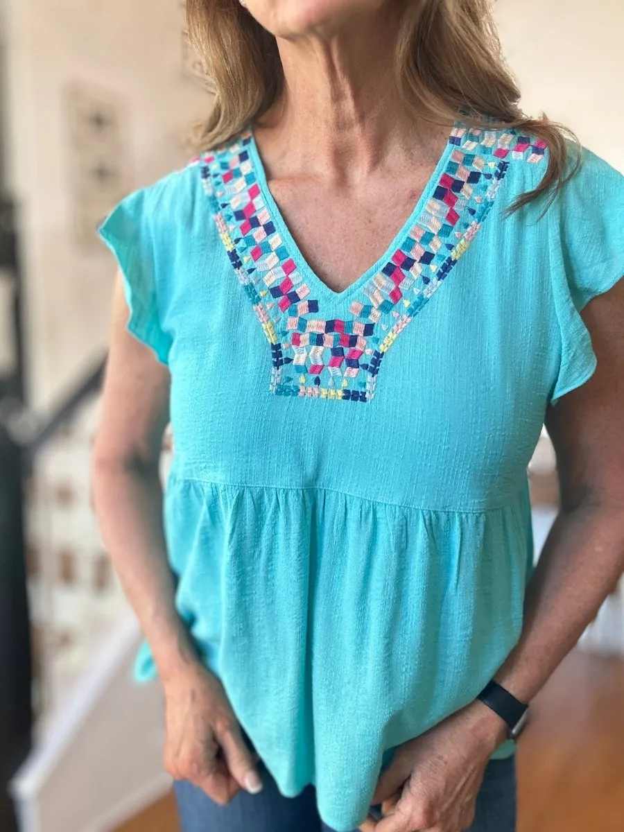 Embroidered V Neck Top - Blue