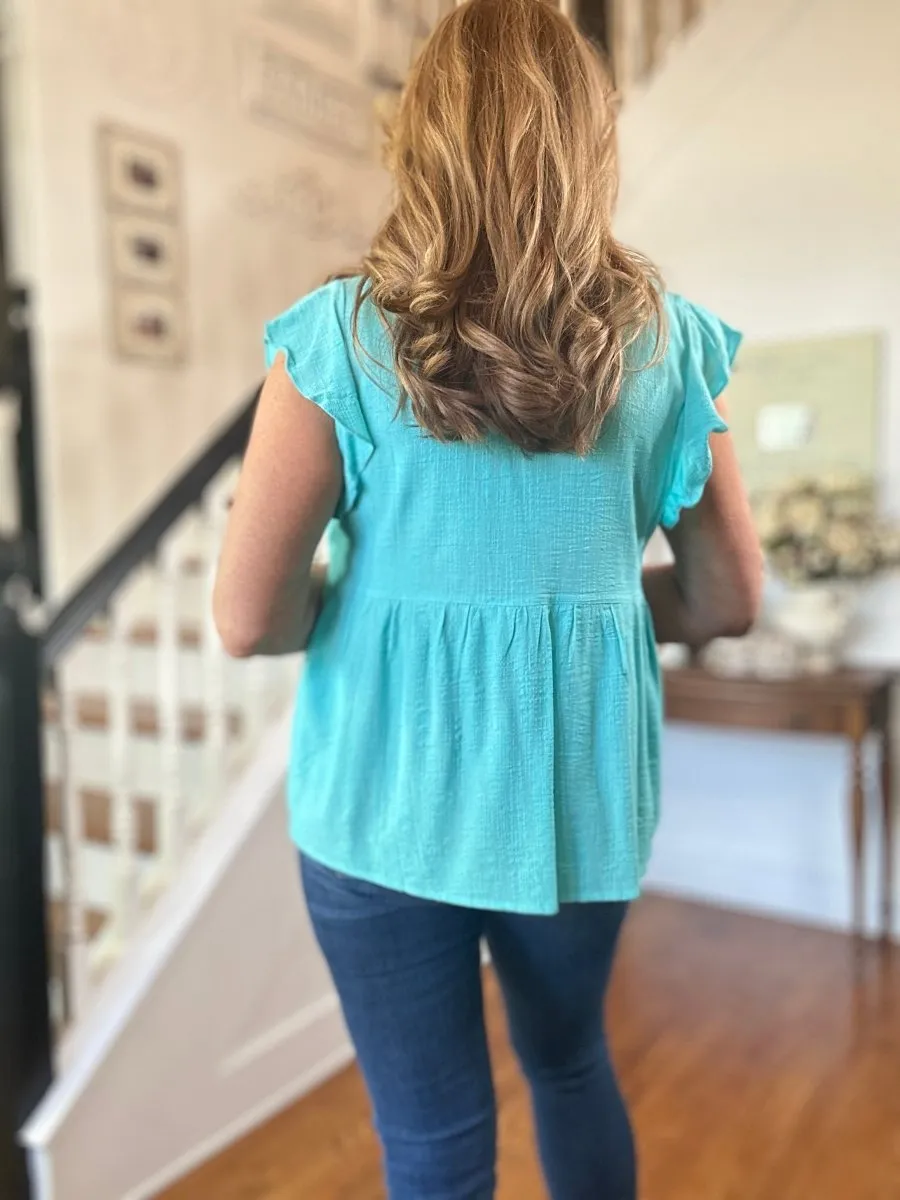 Embroidered V Neck Top - Blue