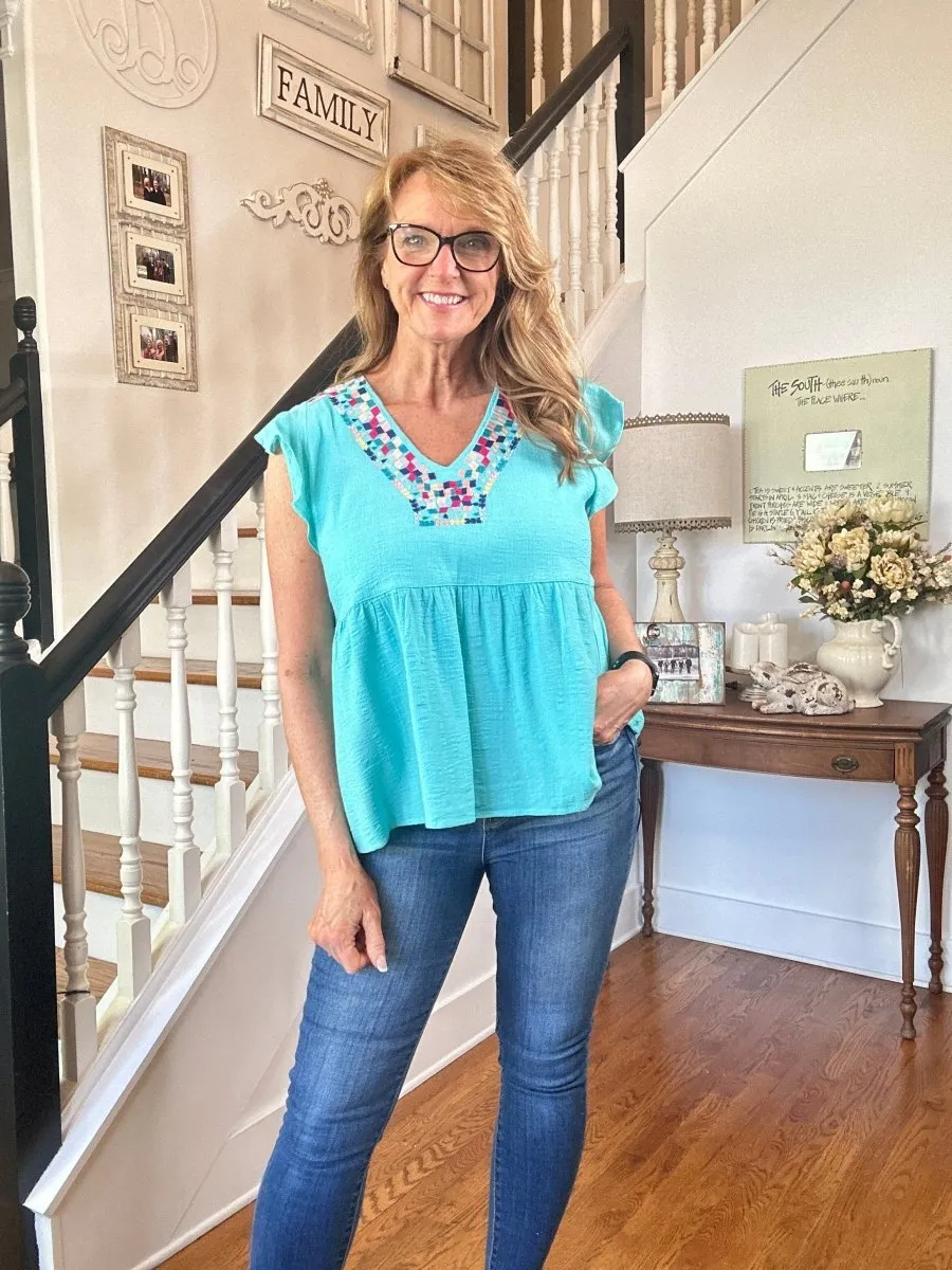 Embroidered V Neck Top - Blue