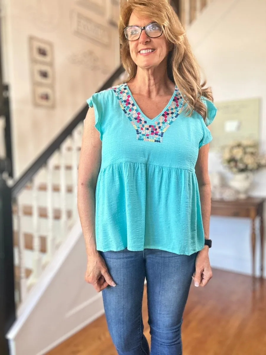 Embroidered V Neck Top - Blue