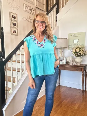 Embroidered V Neck Top - Blue