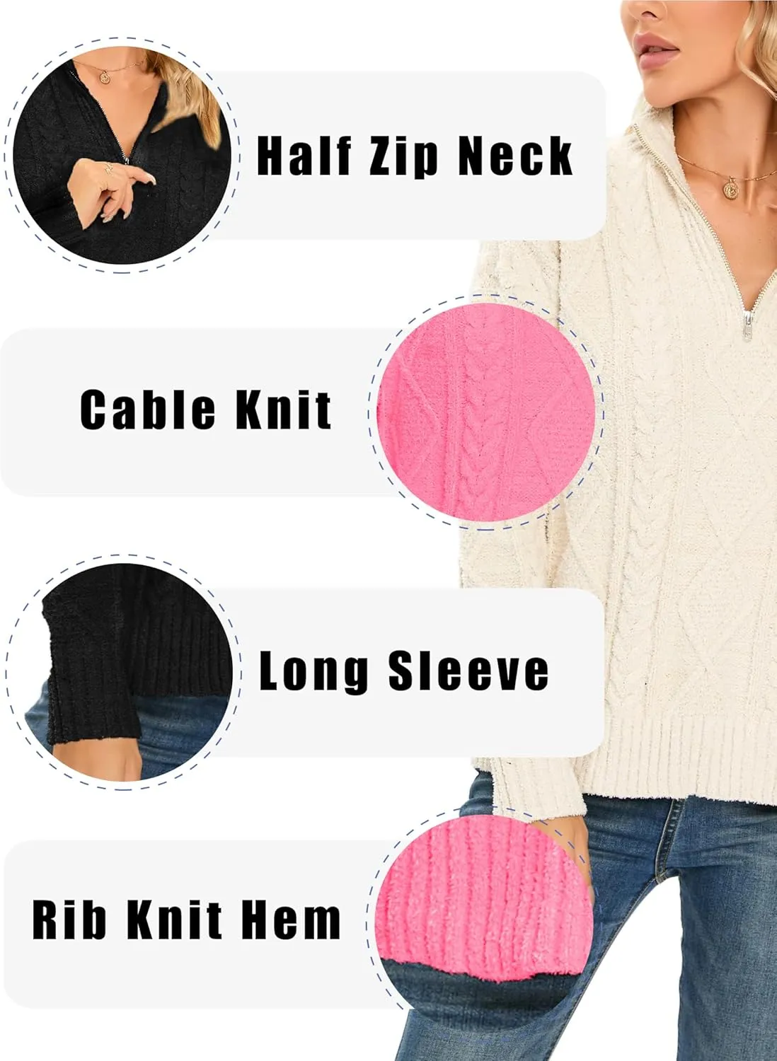 Famulily Womens Cute Cable Knit Sweater Long Sleeve Turtleneck Sweater Cozy Warm Half Zip Pullover Top