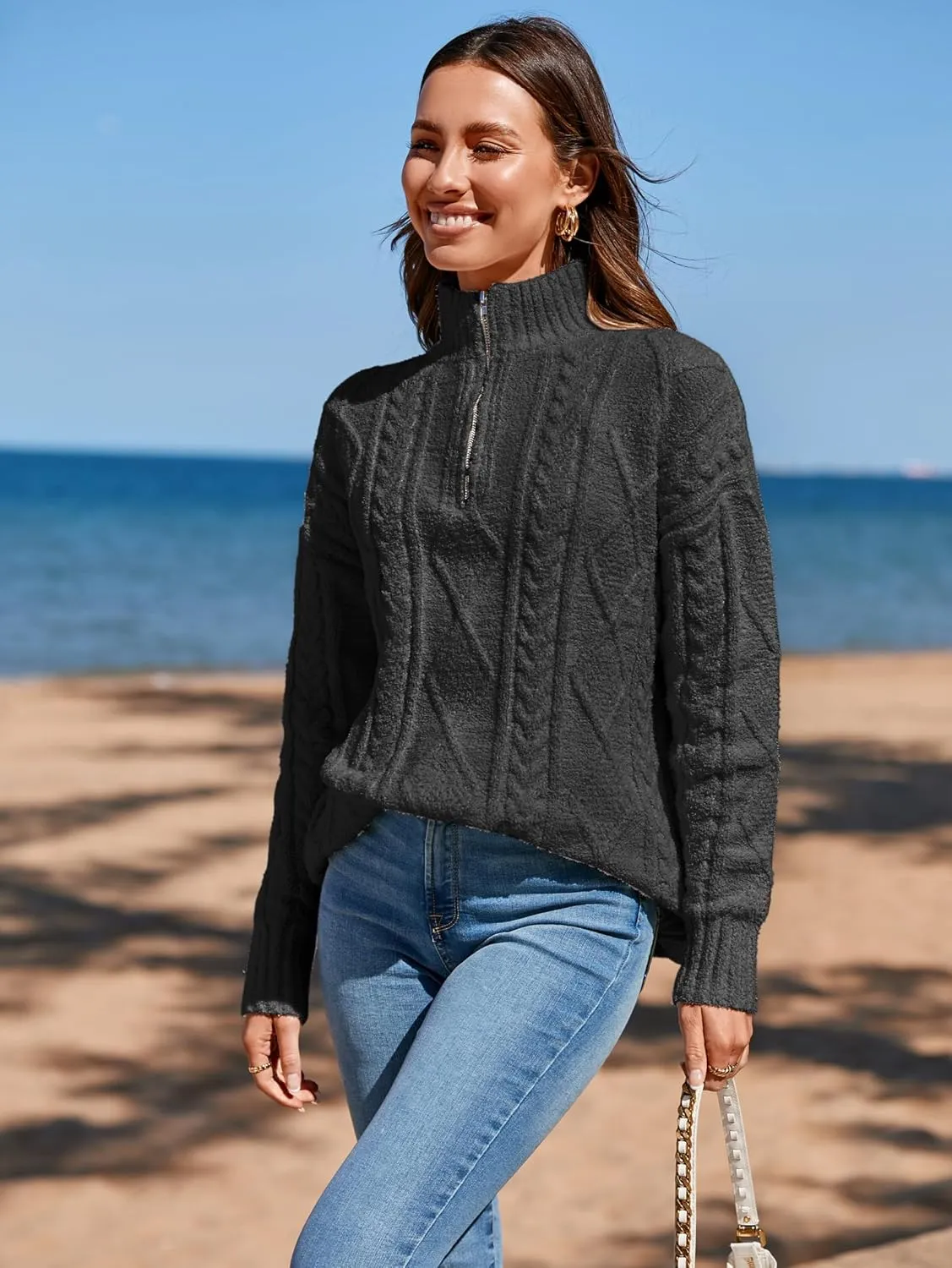 Famulily Womens Cute Cable Knit Sweater Long Sleeve Turtleneck Sweater Cozy Warm Half Zip Pullover Top