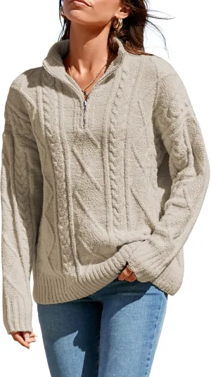 Famulily Womens Cute Cable Knit Sweater Long Sleeve Turtleneck Sweater Cozy Warm Half Zip Pullover Top