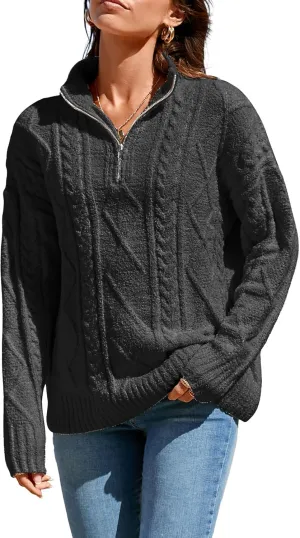 Famulily Womens Cute Cable Knit Sweater Long Sleeve Turtleneck Sweater Cozy Warm Half Zip Pullover Top
