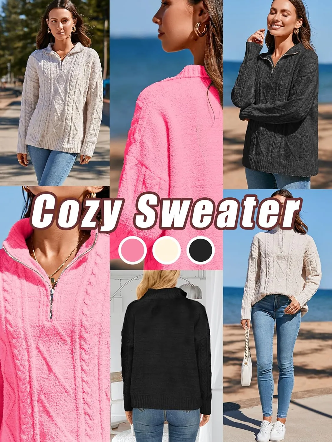 Famulily Womens Cute Cable Knit Sweater Long Sleeve Turtleneck Sweater Cozy Warm Half Zip Pullover Top