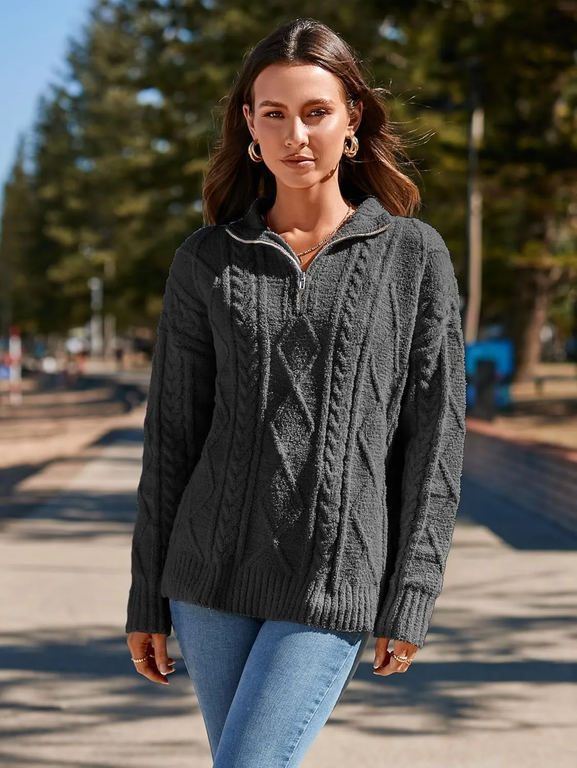 Famulily Womens Cute Cable Knit Sweater Long Sleeve Turtleneck Sweater Cozy Warm Half Zip Pullover Top