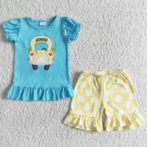 Fashion Baby Girls Clothes Sets Back to School Bus Embroidery Boutique Girls Clothing Outfits D12-26