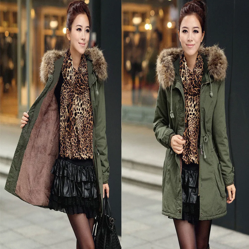 Faux Fur Collar Long Winter Hooded Coat