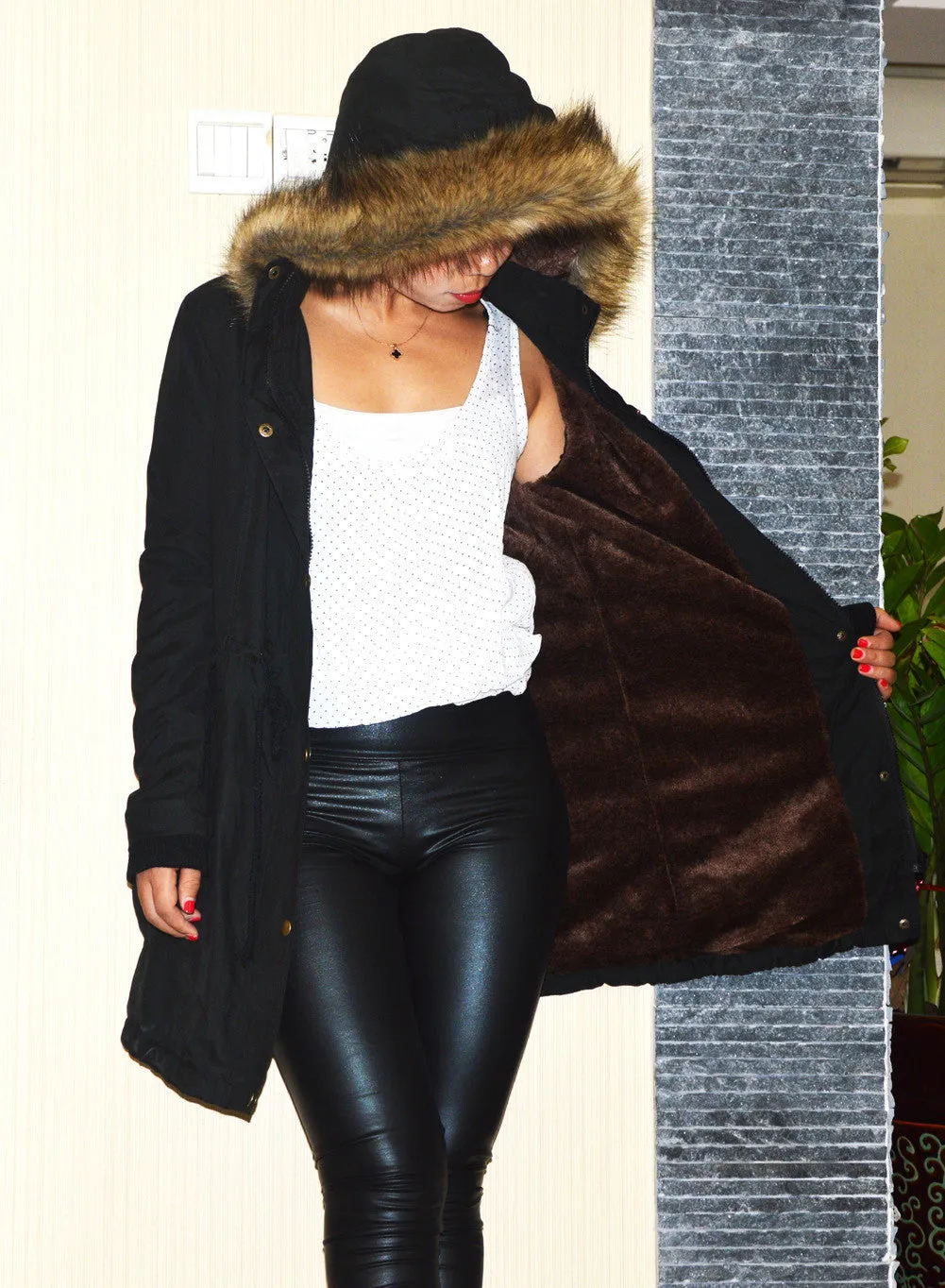 Faux Fur Collar Long Winter Hooded Coat