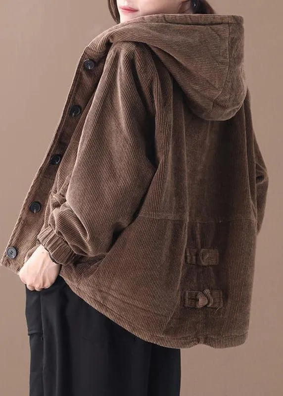 Fine Coffee Hooded Corduroy Winter Coats Warm Outwear