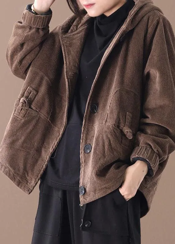 Fine Coffee Hooded Corduroy Winter Coats Warm Outwear