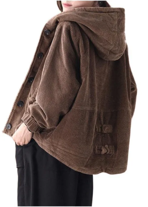 Fine Coffee Hooded Corduroy Winter Coats Warm Outwear