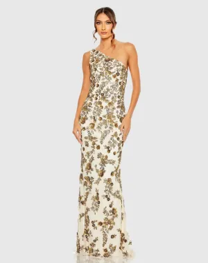 Floral beaded one-shoulder gown - Gold