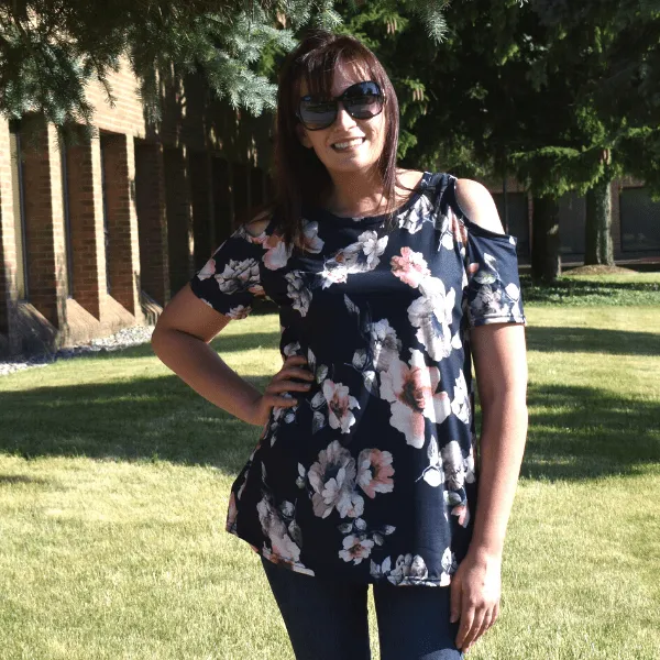 Floral Cold Shoulder Women Short Sleeve Blouse Top - Multiple Colors
