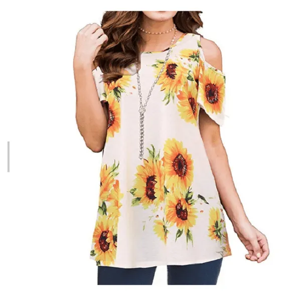 Floral Cold Shoulder Women Short Sleeve Blouse Top - Multiple Colors