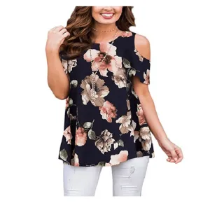 Floral Cold Shoulder Women Short Sleeve Blouse Top - Multiple Colors